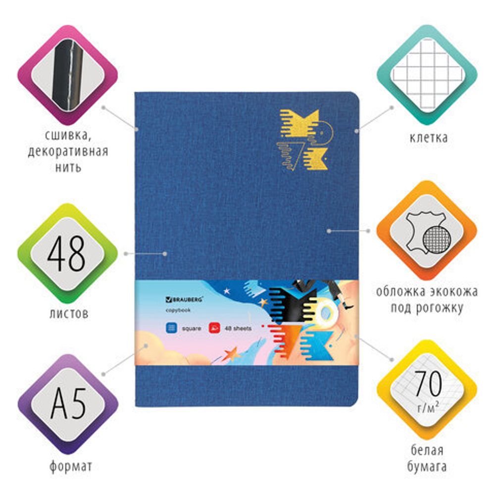 Тетрадь 48 л. в клетку обложка кожзам под рогожку, сшивка, A5 (147х210мм), СИНИЙ, BRAUBERG MOVE, 403843