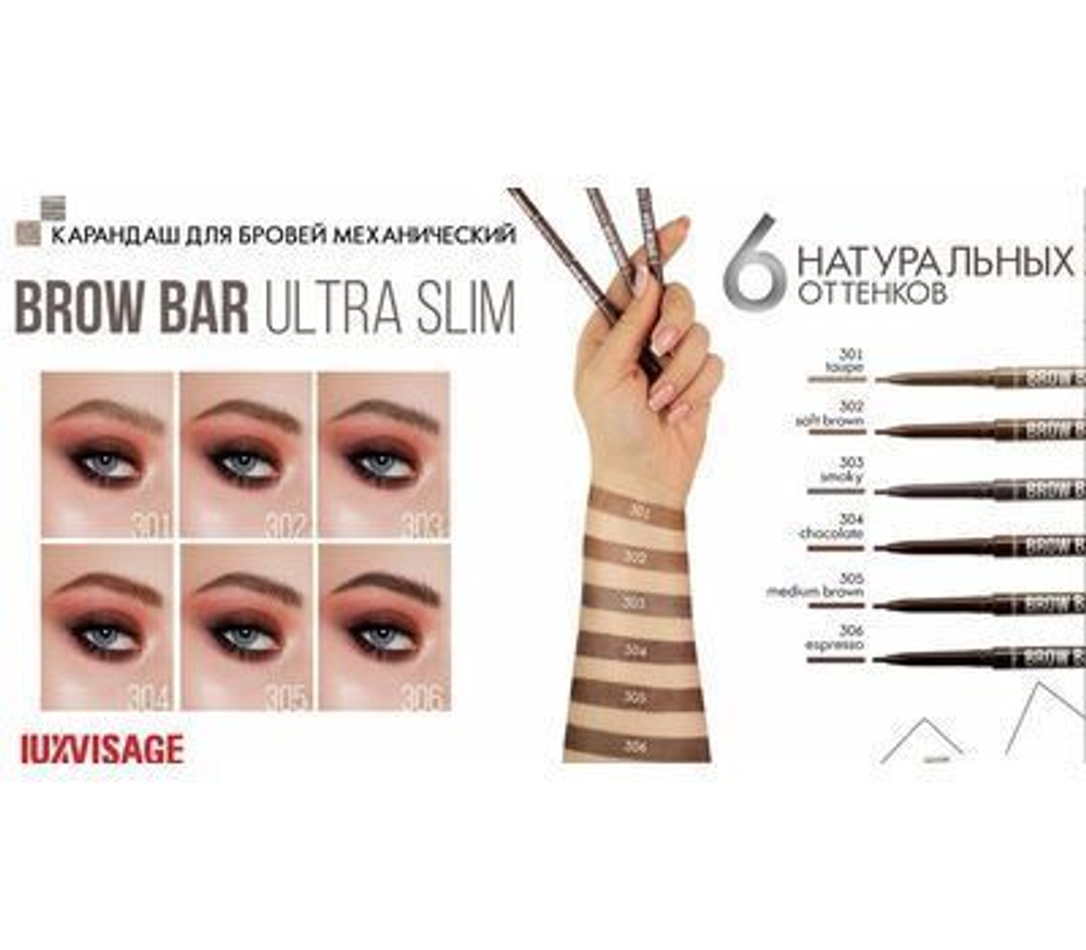 LuxVisage Карандаш для бровей механический, тон 306 BROW BAR ULTRA SLIM