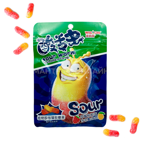 Мармелад кислый червячок Wisichi Sour Worm вкус клубники и лимона 20 г