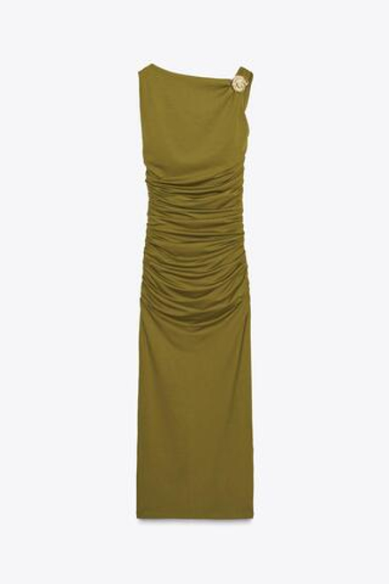ZARA ПЛАТЬЕ ИЗ ПОЛИАМИДА С РАКУШКОЙ, ОЛИВКОВЫЙ