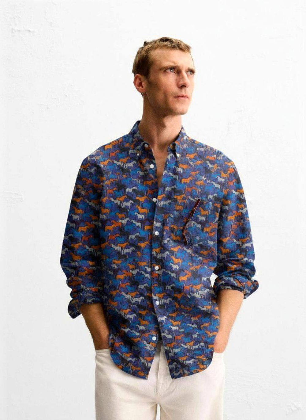 Блузочно-плательный поплин с рисунком (96%хлопок/4%эластан, Конный бунт на поле, 142, 92 гр/м2)