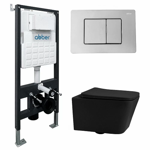 Унитаз подвесной Abber Rechteck AC1201MB-AC0105-AC0120 черный матовый, безободковый, с инсталляцией, с крышкой микролифт, с кнопкой хром
