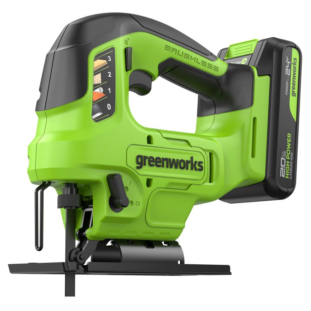 Лобзик акк. Greenworks GD24JS90, 24V, б/щет, 90 мм,0-3000/мин,4 ст.маятник,LED,1х2Ач,ЗУ,кор (3601707CUA)