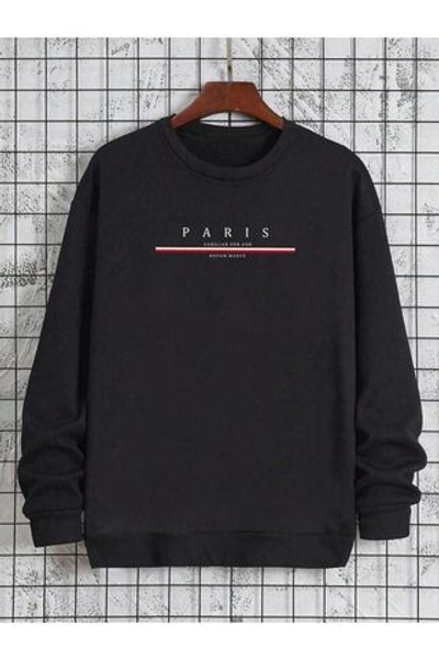 Мужская черная толстовка с парижским принтом и велосипедным воротником из литой коллекции