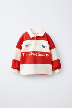 ZARA ПОЛО В ПОЛОСКУ С ВЫШИВКОЙ КИТА, КРАСНЫЙ