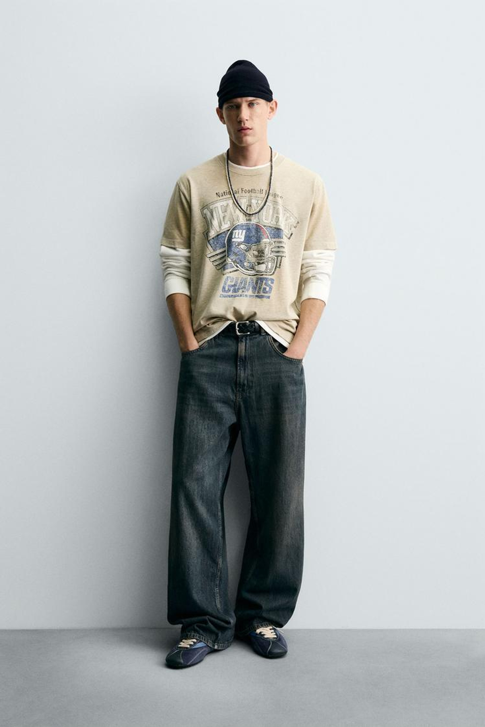 ZARA ФУТБОЛКА С ЭФФЕКТОМ ПОТЕРТОСТИ NFL NEW YORK GIANTS, СЕРЫЙ МЕЛАНЖ