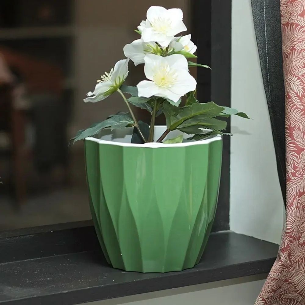 Кашпо для цветов пластиковое 1,9л d-16см «Флюте со вставкой малахит