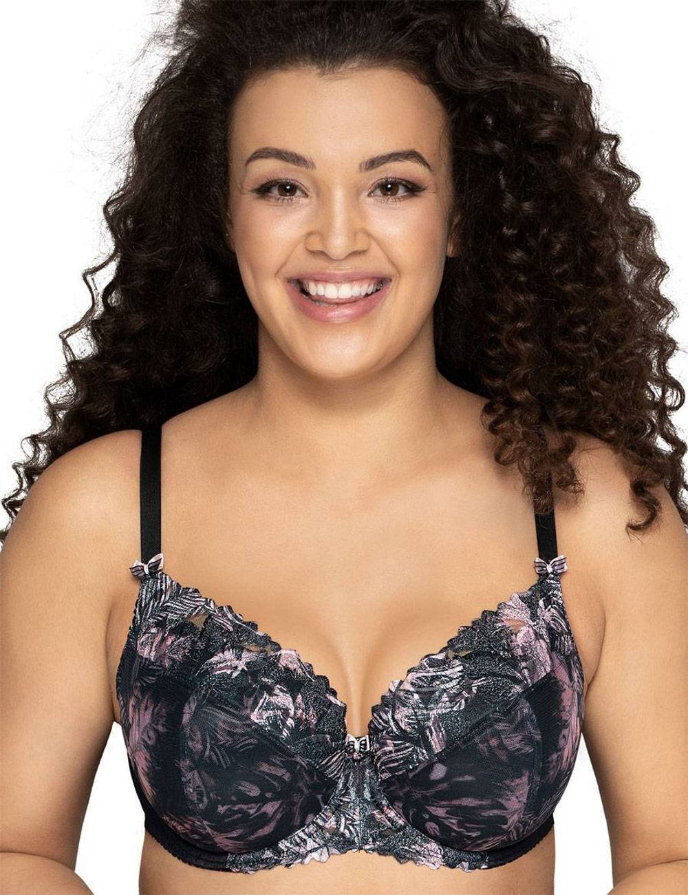 Бюстгальтер с чашками, покрытыми сеткой с принтом листьев (Размер: 100D) (Цвет: черный)