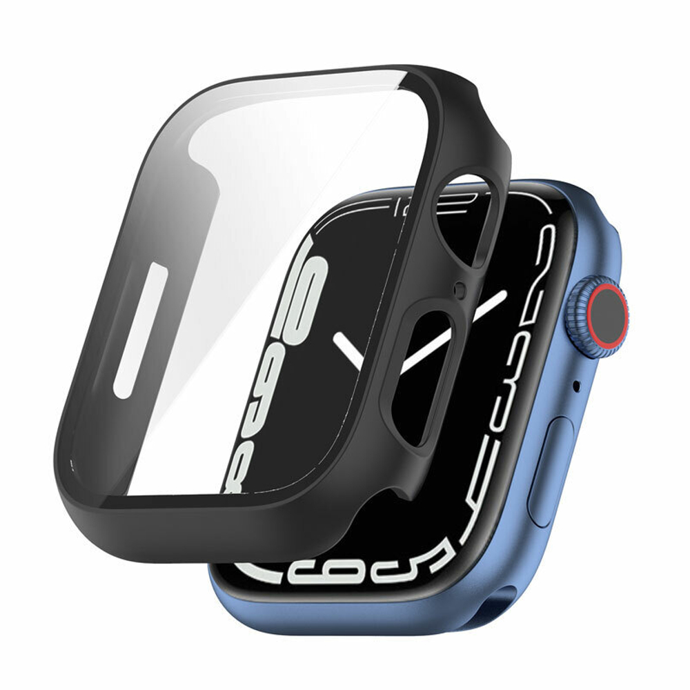Бампер на смарт-часы черного цвета с закаленным стеклом 9H для Apple Watch 7 серии, 45мм