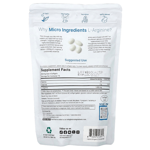 Micro Ingredients, L-аргинин, 300 капсул (250 мг в 1 капсуле)