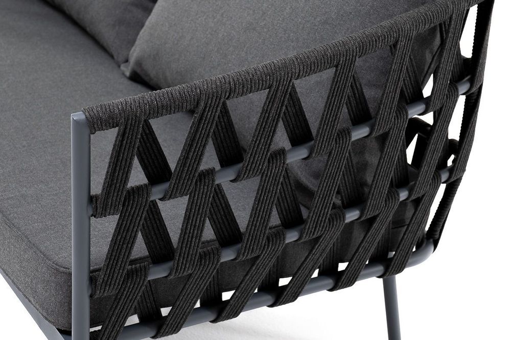 "Диего" диван 2-местный плетеный из роупа, каркас алюминий темно-серый (RAL7024) муар, роуп темно-серый круглый, ткань темно-серая 027