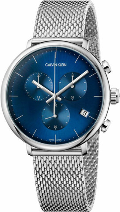 Наручные часы Calvin Klein High Noon K8M2712N, кварцевый хронограф, стальной корпус и браслет, синий циферблат.