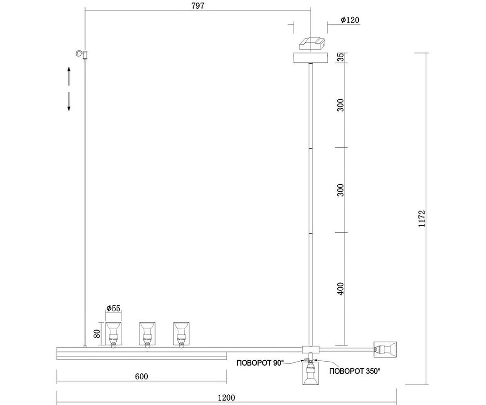 Люстра Рия латунь L120 h116/86/46 GU10 5*5W+Led 12W (3000K) (лампы в комплекте)
