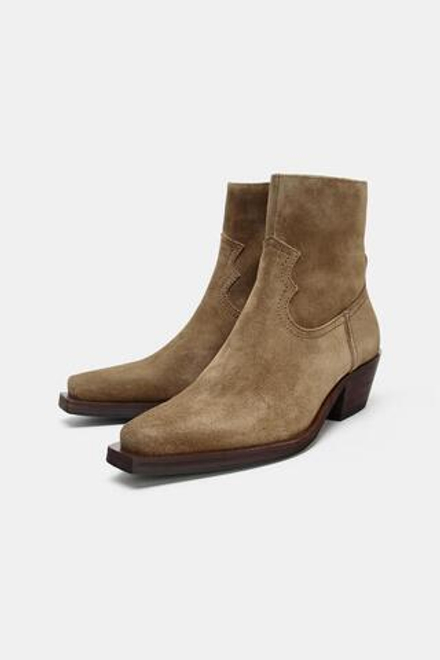 ZARA ЗАМШЕВЫЕ БОТИЛЬОНЫ В КОВБОЙСКОМ СТИЛЕ, ТЕМНЫЙ РЫЖЕВАТО-КОРИЧНЕВЫЙ