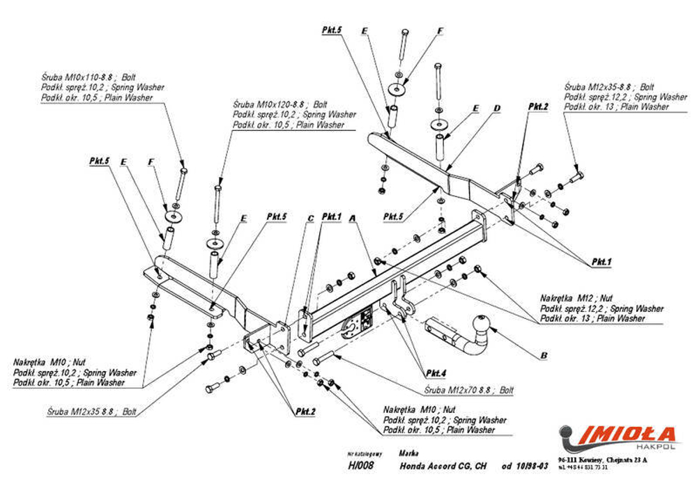 Фаркоп IMIOLA H.008 Honda Accord седан/универсал CG, CH 1998-2003(паспорт и сертификат в комплекте)(без электрики)
