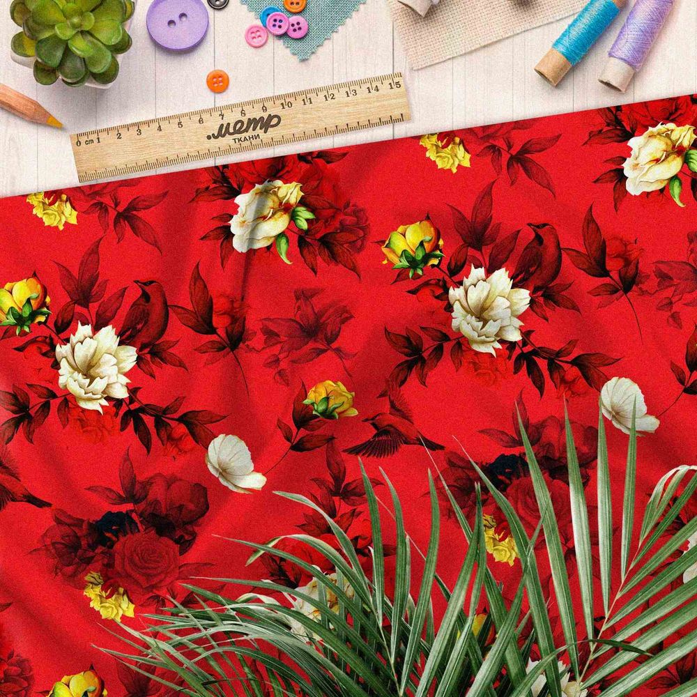 Ткань оксфорд 210 цветы на красном фоне