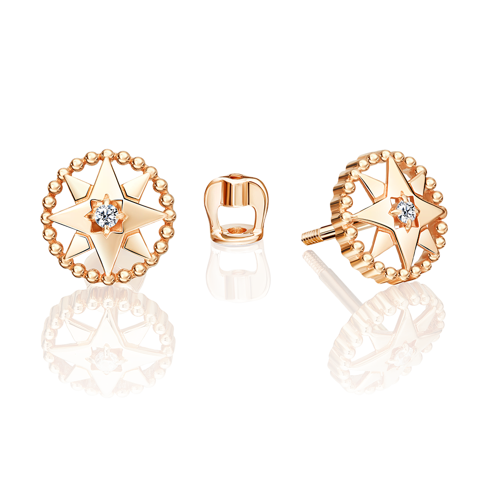 Серьги-пусеты «Роза ветров» из красного золота с фианитом