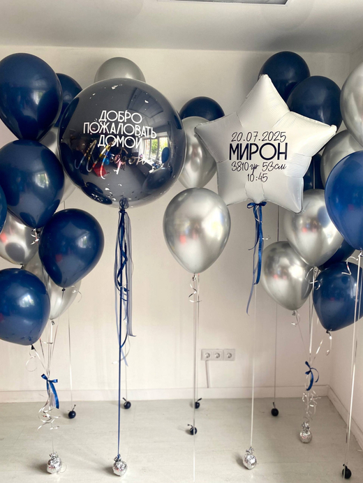 Воздушные шары на выписку из роддома темно-синий/хром серебро №3536