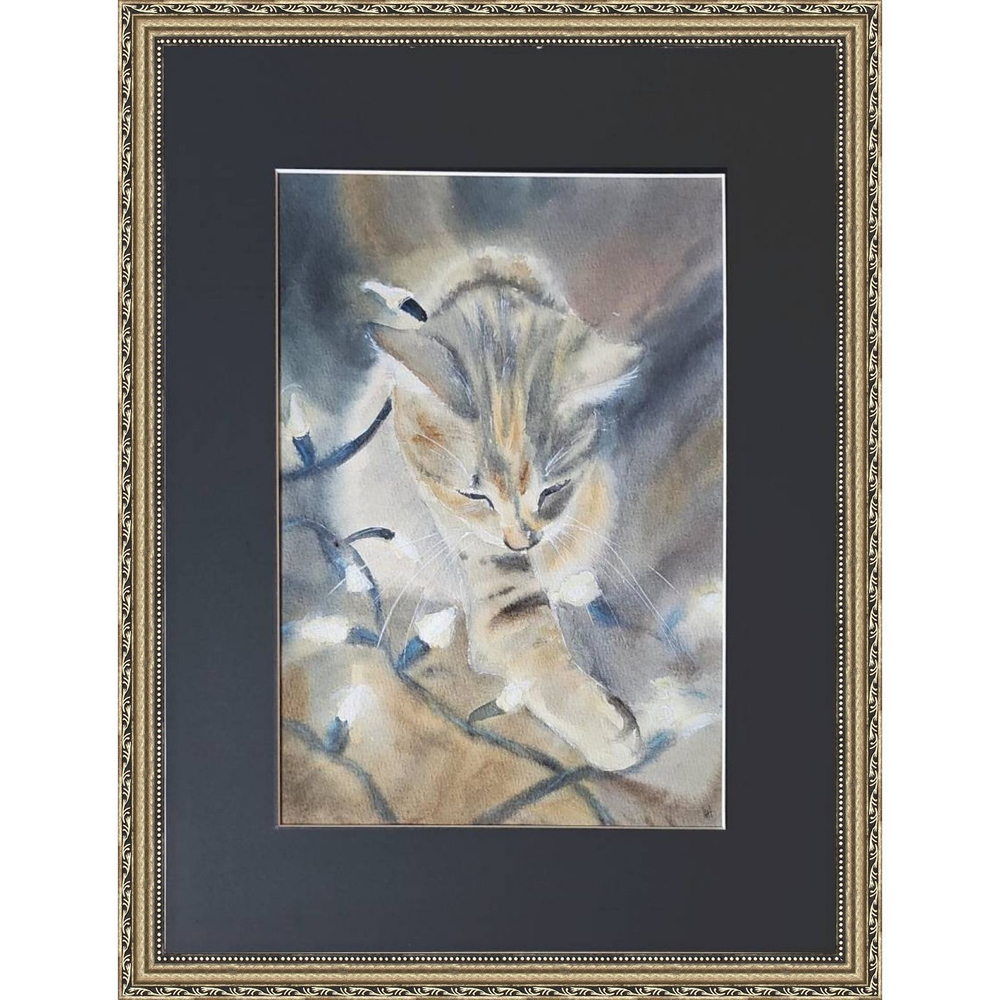 Картина авторская акварельная в паспарту 30х40 см на стену для интерьера "Шалунишка"