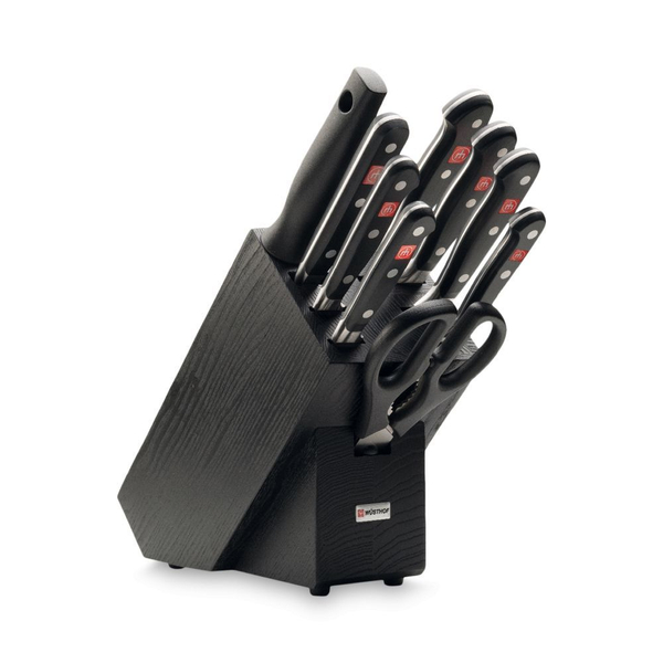 Набор ножей 6шт с ножницами, вилкой, мусатом и подставкой Wuesthof Classic черная