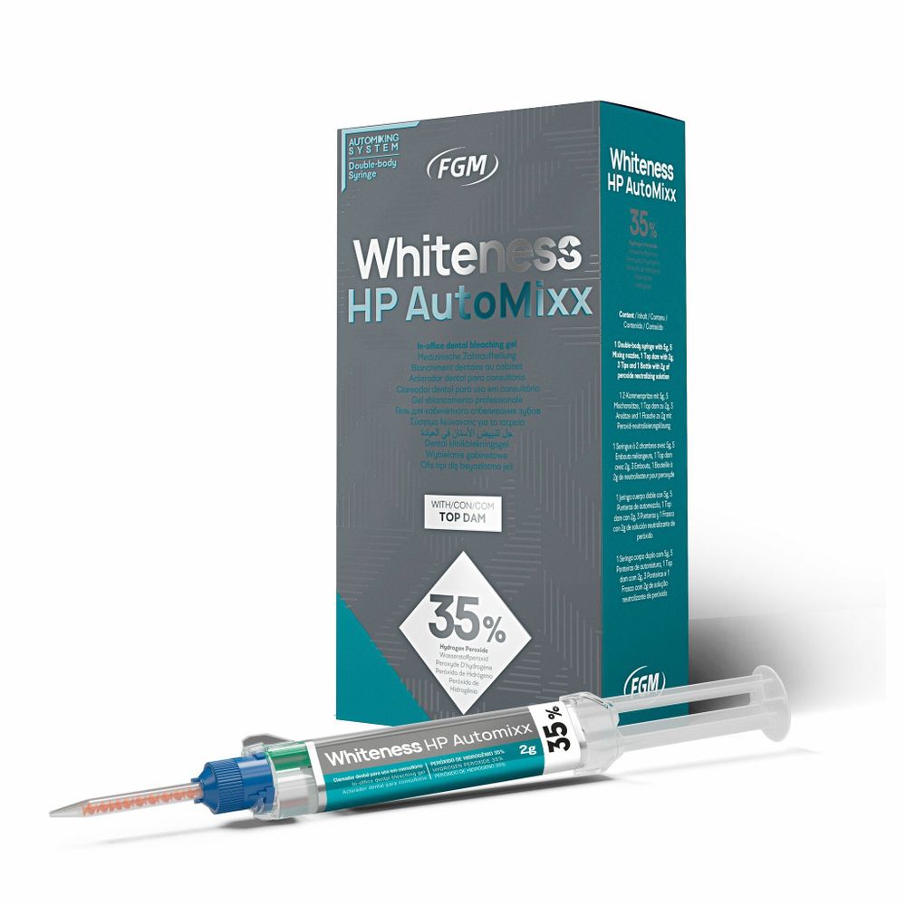 Whiteness HP AutoMixx 35%-клиническое отбеливание на 4 пациентов, (шпр.1,5мл,флакон 2г с раствором-нейтрализатором (маслом) для перекиси 1шт*2г; Светоотверждаемый коффердам TopDam 1шпр*2г.)