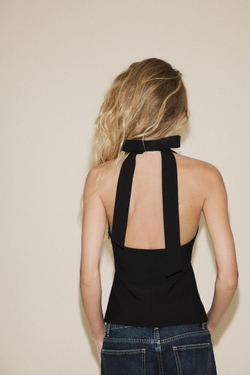 ZARA ТОП С ГОРЛОВИНОЙ ХАЛТЕР И БАНТОМ НА СПИНЕ, ЧЕРНЫЙ