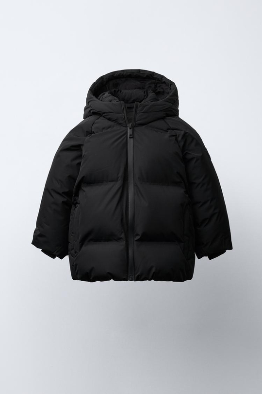ZARA СТЕГАНЫЙ ПУХОВИК С КАПЮШОНОМ WATER REPELLENT, ЧЕРНЫЙ