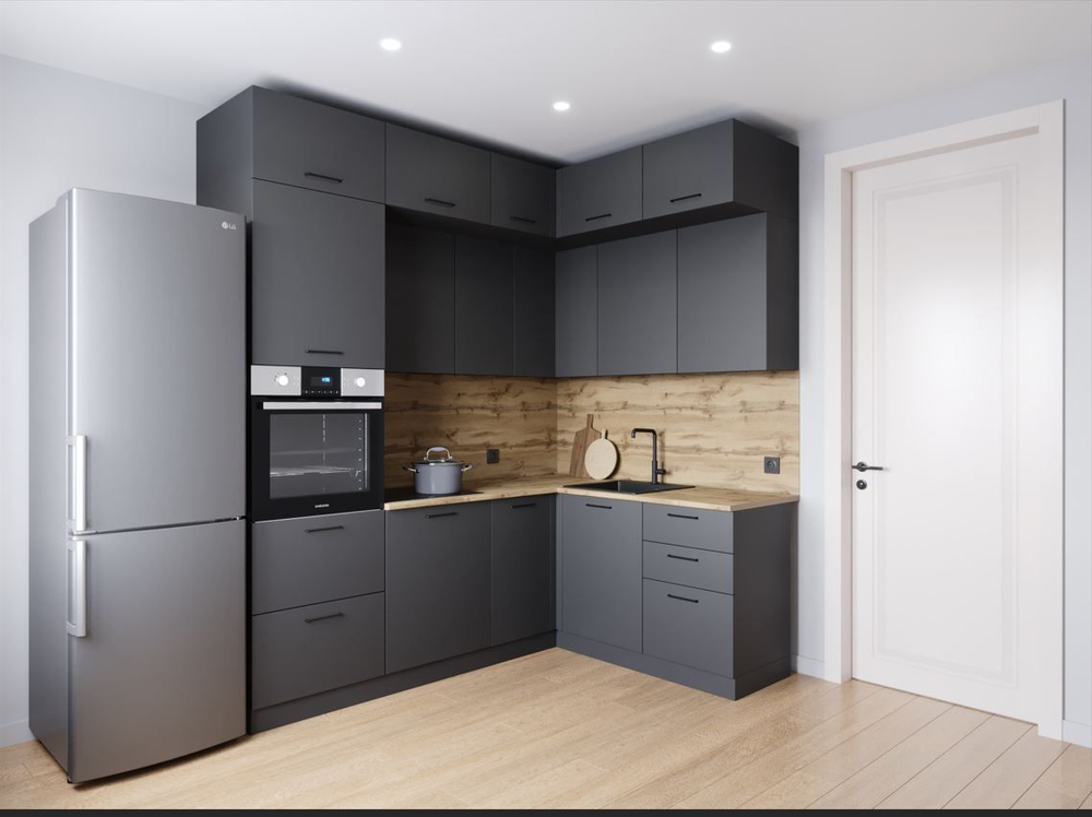 Кухонный гарнитур угловой Антрацит (графит) 2200 1700 мм столешница 38 мм, ЛДСП, просторная угловая кухня для гостиной, студии и большой семьи