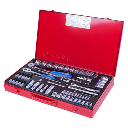 Цена на KING TONY (9563MR01) Набор торцевых головок с принадлежностями 1/4"+3/8"+1/2", 6-гранные, 4-32 мм, 62 предмета