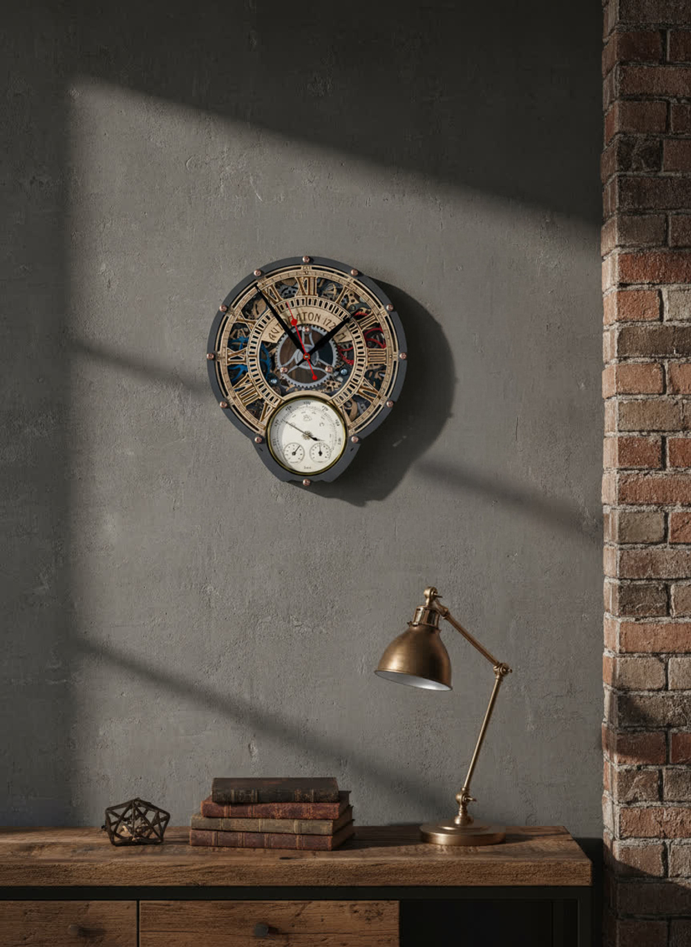 Настенные часы-метеостанция WOODandROOT Automaton 1722 с барометром, термометром и гигрометром — корпус из дерева и МДФ, стиль лофт