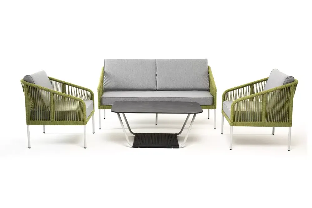 "Канны" лаунж-зона 4-местная из роупа со столом "Глория" (серый гранит), каркас алюминиевый светло-серый, роуп салатовый меланж