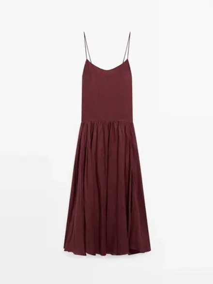 Massimo Dutti Длинное платье объемного кроя из ткани рами, бургундский