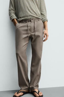ZARA БРЮКИ RELAXED FIT ИЗ ХЛОПКА И ЛЬНА, СЕРО-КОРИЧНЕВЫЙ