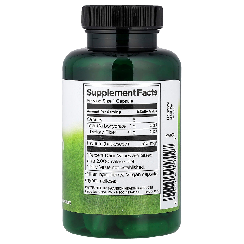 Swanson Vitamins, шелуха семян подорожника, 610 мг, 100 веганских капсул