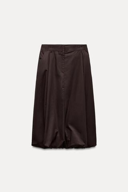 ZARA ЮБКА-БАЛЛОН МИДИ С ЗАЩИПАМИ, ТЕМНО-КОРИЧНЕВЫЙ