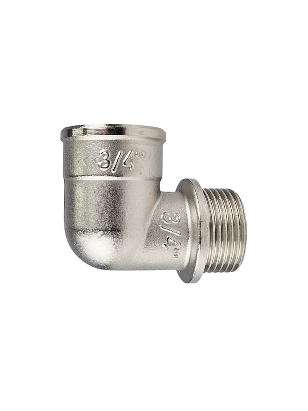 Угольник, латунь, внутренняя/наружная резьба 3/4"х90°, никель, RTP