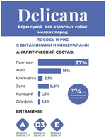 Cухой полнорационный корм для собак мелких пород лосось с рисом Delicana 1,5кг