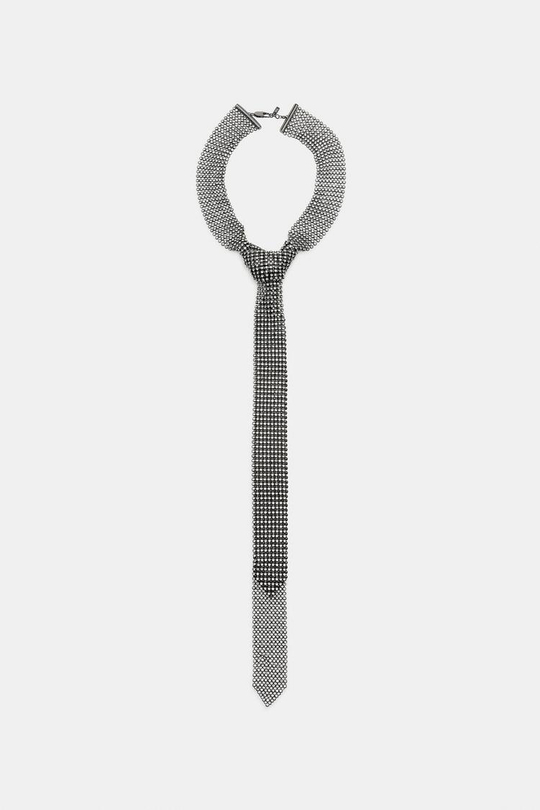 ZARA МЕТАЛЛИЧЕСКОЕ ОЖЕРЕЛЬЕ-ГАЛСТУК СО СТРАЗАМИ, АНТРАЦИТОВО-СЕРЫЙ