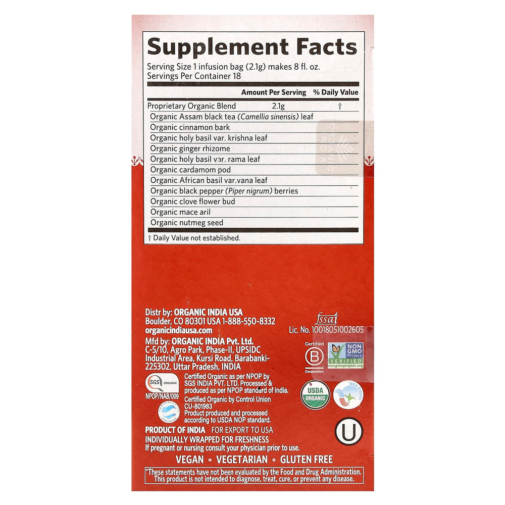 Organic India, Чай масала с тулси, 18 пакетиков, 37,8 г (1,33 унции)