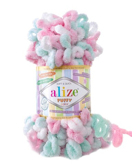 Пуффи колор (Puffy color) пряжа Alize 100%микрополиэстер 5х100г/9 м (6052 белый-мята-розовый)