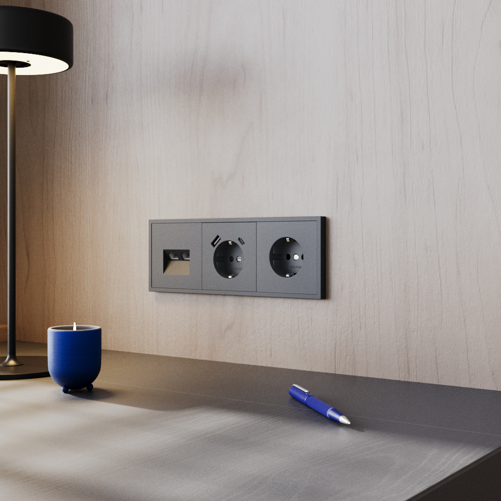 Розетка встраиваемая с заземлением и защитными шторками, 16А, с USB, A+С, (графит) Voltum S70 VLS040507