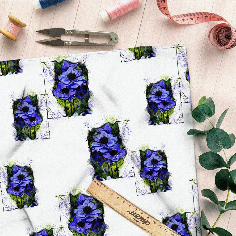 Ткань дюспо васильки на черных квадратах