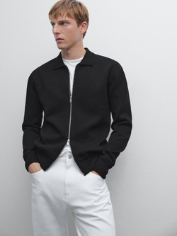 Massimo Dutti Кардиган из смесового хлопка с застежкой-молнией, черный