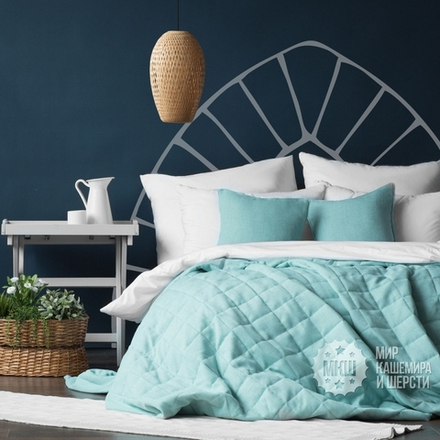 Готовые шторы и покрывало под лен ДЖЕРРИИ (арт. BL10-274-08) - (140х270)х2 см., покрывало 230х250 см. - голубые