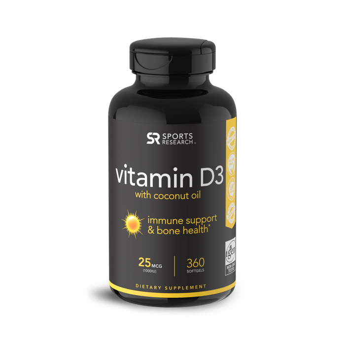 Vitamin D3 1000 МЕ, Витамин Д3 с Органическим Кокосовым Маслом, Sports Research (360 капсул)