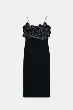 ZARA ТРИКОТАЖНОЕ ПЛАТЬЕ С ЦВЕТОЧНЫМ УЗОРОМ, ЧЕРНЫЙ