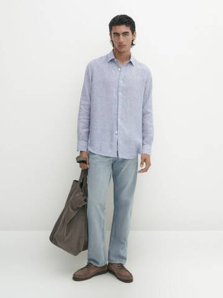Massimo Dutti Льняная рубашка классического кроя в полоску, темно-синий