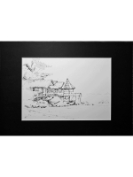 Картина, графика в паспарту 21х30 см на стену для интерьера "Хижины на сваях"