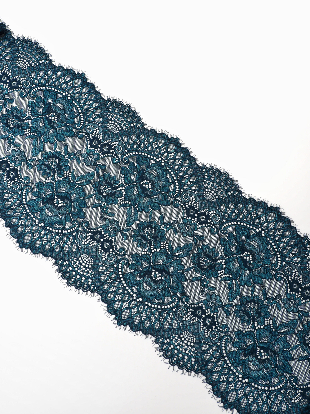 Кружево шантильи сине-зеленое с люрексом эластичное ширина 22 см