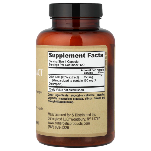 Sunergetic, Экстракт оливковых листьев, 750 мг, 120 капсул
